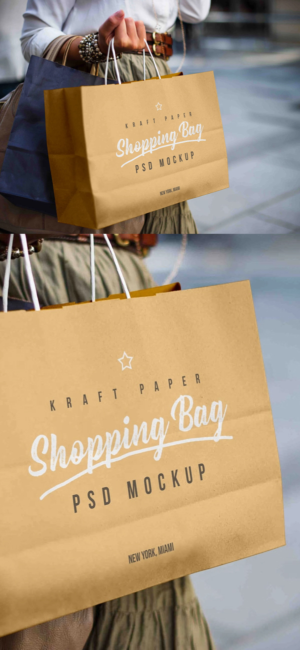 Free Female Holding Kraft Paper Shopping Bag Mockup PSD